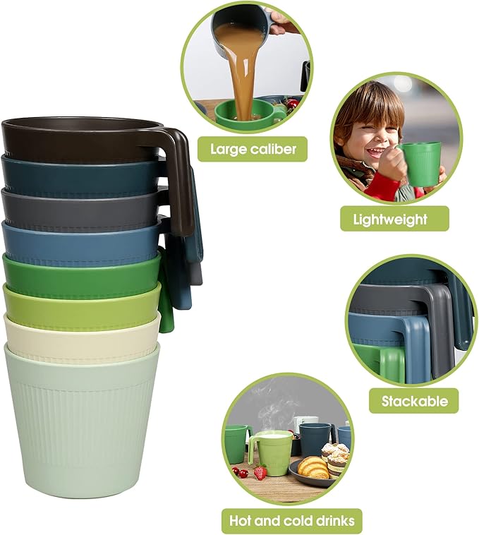Ribbed Drinking Glasses Coffee Mugs Set of 8, Plastic Coffee Cups 16.9 OZ Unbreakable Tumblers with Handle, Reusable Drinking Cups for Camping/Dorm/RV
