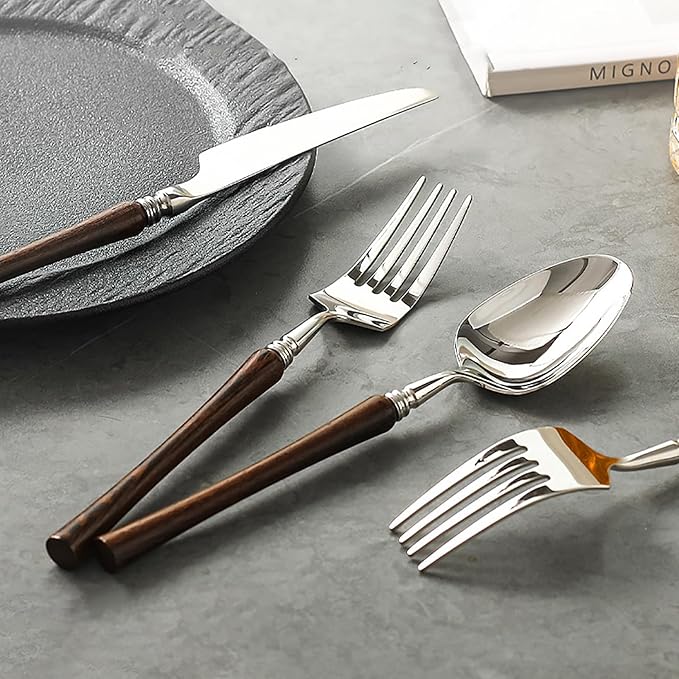 90pcs wooden silverware set, food-grade stainless steel flatware service for 18, tableware set include fork kinfe spoon with wooden handle, eating utensils cutlery set for home