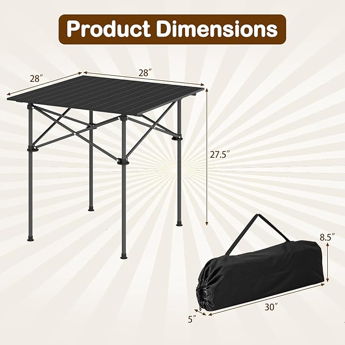 Giantex Folding Roll-up Camping Table, Outdoor Lightweight Aluminium Table for 4, Portable Square Table with Carry Bag for Picnic, Hiking, BBQ, Beach, Tailgating (28"x28"x27.5",Black)
