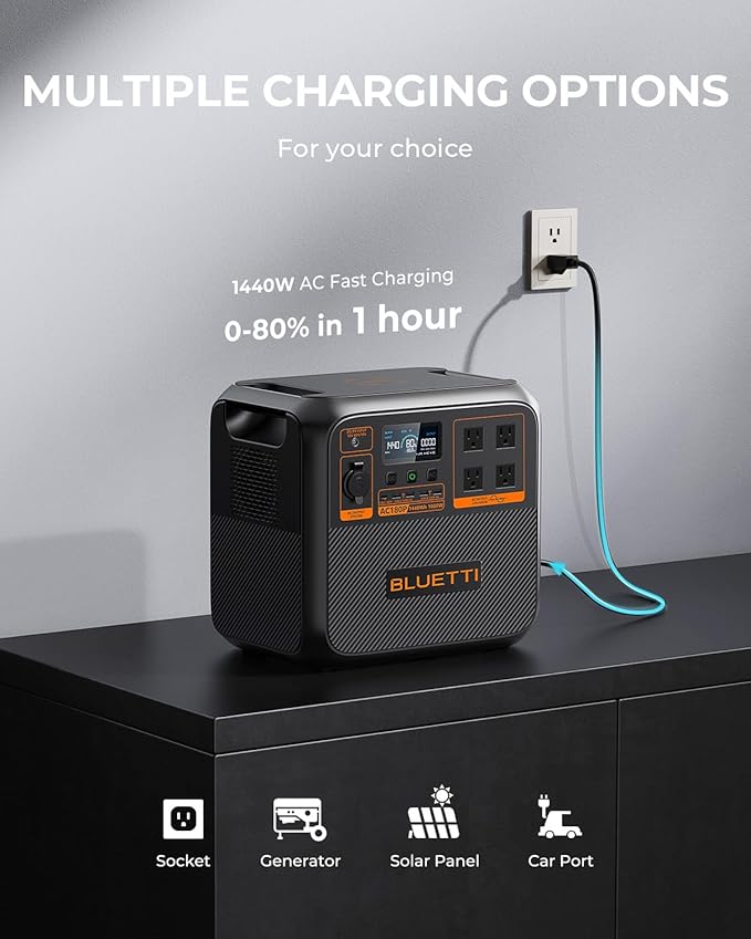 BLUETTI AC180P Portable Power Station, 1440Wh LiFePO4 Battery Backup w/ 4 1800W (2700W Power Lifting) AC Outlets, 0-80% in 45Min, Solar Generator for Camping, Off-grid, Power Outage