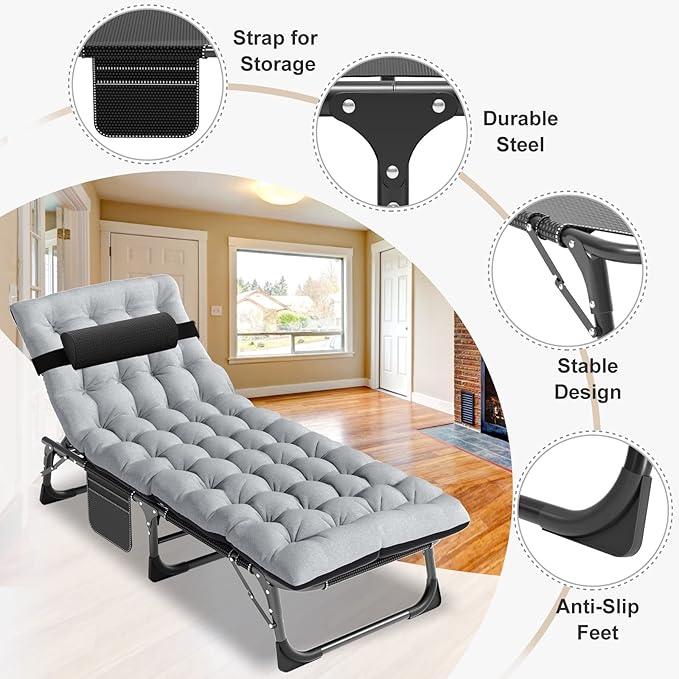 ABORON 5 Positions Camping Cots for Adults,Outdoor Folding Sleeping Cot/Mat,Folding Chaise Lounge Chair with Pillow,Portable Reclining Chair for Beach Lawn Camping Pool,Sunbathing Chairs