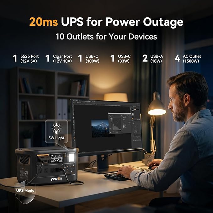 PECRON F1000LFP Portable Power Station with 200W Solar Panel, 1500W, 1004Wh LiFePO4 Battery Solar Generator, UPS, Fast Charging, Perfect Power Backup for Camping, Home Use, RV