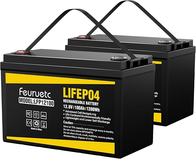 12V 100Ah LiFePO4 Battery - Small RV Battery with 100A BMS, 15000+ Deep Cycles, Solar Energy Storage, Lithium Phosphate Batteries for Home Motor, Travel Trailer, Camping, Off-Grid Power（2PC