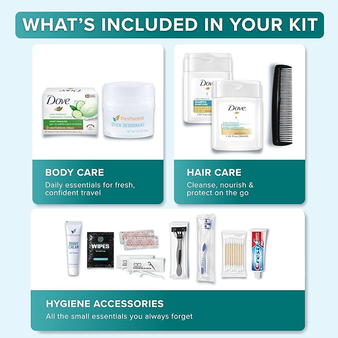 TrekTote Complete 15 Piece Unisex Travel Hygiene Kit with Toiletries & Personal Care Essentials, TSA-Compliant, Individually Packaged in Clear Bag, Single or Bulk Packs