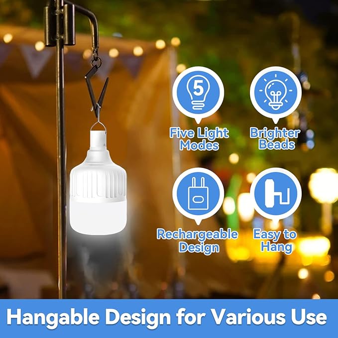 Emergency LED Light Bulb, 200W USB Rechargeable LED Emergency Light Bulb with 5 Lighting Modes, Portable Emergency Rechargeable Light Bulbs with Hook for Outdoor Picnic Camping Tent