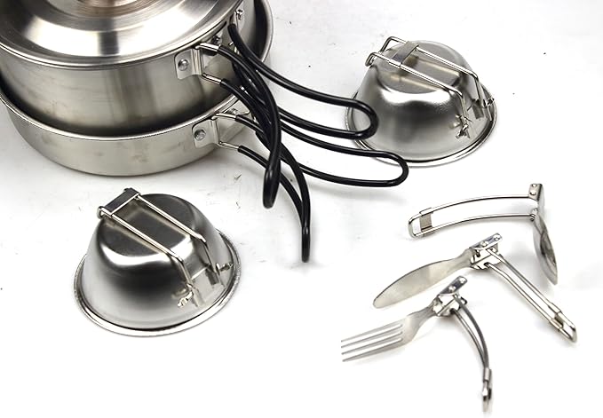 11Pcs Camping Cookware Set，Portable Camping Essentials with Accessories，Stainless Steel Lightweight Nonstick Pots、Pans、Bowls and Utensils for Backpacking RV Tailgating Cooking and Outdoor Cooking
