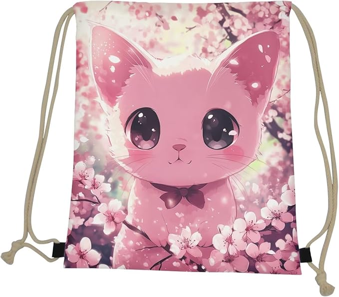 Upetstory Cherry Blossom Cat Drawstring Backpack Gym Sackpack Foldable Draw String Bag Lightweight Travel Storage Pouch Sports Gymsac PE Kit Bags for Outdoor Hiking Cycling Running Beach