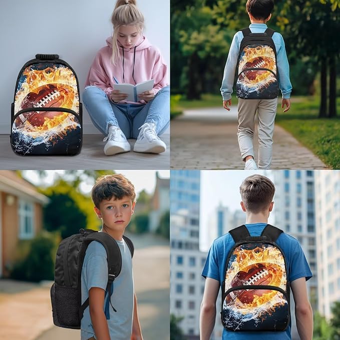 Football Backpack with Lunch Box Fire Bookbag Practical Portable Boys Bookbag Age 6-8 with Lunch Box 4 in 1 School Bag for Boys 7-8 Travel Daypack Outdoor Camping Graduation Gifts