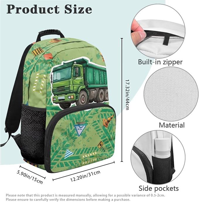 Cargo Truck Backpack with Lunch Box Boys 17 Inch Elementary School Backpack for Boys 4 in 1 Set Kids Book Bag for School Travel Shoulder Bag Daypack