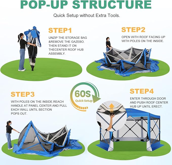 COBIZI 12x12 FT Pop Up Canopy Stargazing Tent, Gazebos On Clearance with Removable Roof, Screened in Gazebo, Screen Tents Portable carpas para Patio for Outdoor Camping,Backyard, Garden, Blue(Pro)