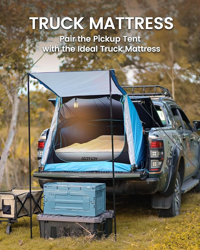 Short Truck Bed Mattress 5-5.5ft for Mid-Size Pickup,Truck Bed Air Mattress for Tacoma Honda Ridgeline Jeep Gladiator JT 5ft, Wired Air Pump, Oversized Carry Bag, Integrated Pillow