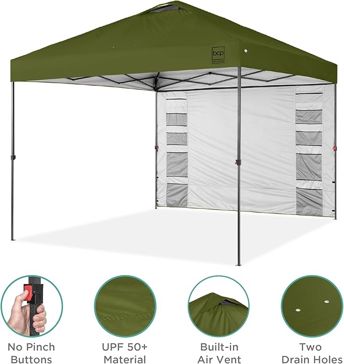 Best Choice Products 10x10ft Pop Up Canopy Tent with Sidewall, 1 Person 1 Minute Set Up, Carry Case, 4 Weight Bags - Olive Green