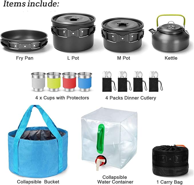 27PCs Outdoor Camping Cookware Kit Portable Cooking Set Non-Stick Tableware with Foldable Spoon Fork Cup Picnic Combination Supplies