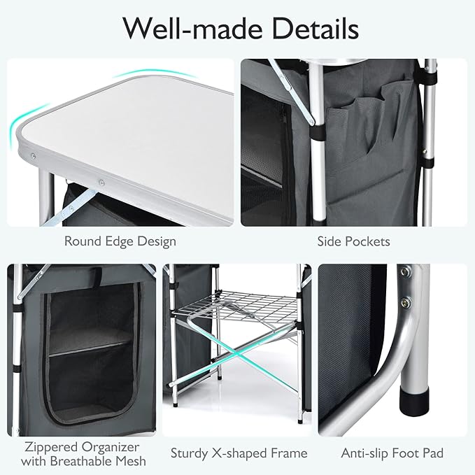 Goplus Folding Camping Kitchen Table with Storage, Aluminum Portable Outdoor Cooking Table with Windscreen, Foldable Camp Table Cook Station for BBQ, Grill, Party, Picnics