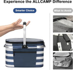 ALLCAMP Picnic Basket - Insulated Cooler, Thickening Foldable Picnic Basket with Removable Baskets & Sewn-in Frame, Basket for House Warming Gifts New Home(Blue White)