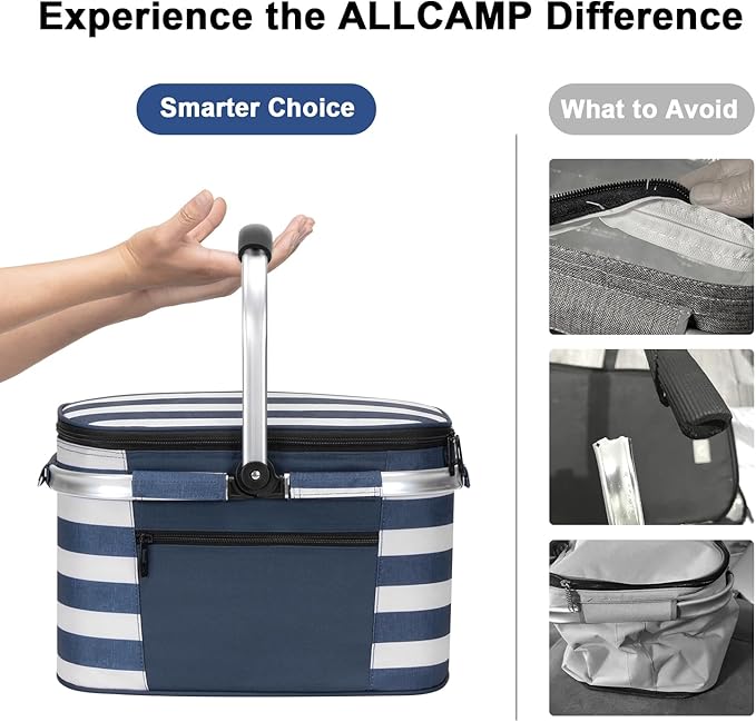 ALLCAMP Picnic Basket - Insulated Cooler, Thickening Foldable Picnic Basket with Removable Baskets & Sewn-in Frame, Basket for House Warming Gifts New Home(Blue White)