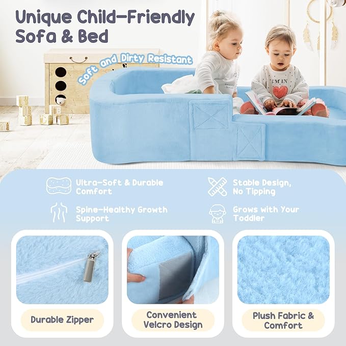 Portable Toddler Travel Bed, 2-in-1 Foldable Toddler Bed Sofa Chair, Soft Baby Kids Travel Floor Cot with Washable Covers Safety Foam Raised Bumper for Grandma's House Road Trips Camping Hotel (Blue)