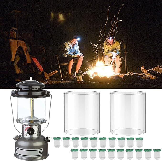 20-Pack String Tie Lantern Mantles with 2 Pcs Lantern Globe Replacement Glass, Glass Globe Compatible with Coleman Fueled Lanterns, Replacement Suitable for Outdoor Camping Lantern