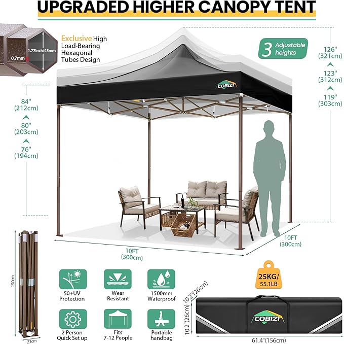 COBIZI 10x10 Pop Up Canopy Tent Heavy Duty with 4 Sidewalls, Commercial Easy Up Instant Canopy Outdoor for Events Party Wedding, All Weather Waterproof UV 50+ with Carry Bag (Leg Upgraded), Black