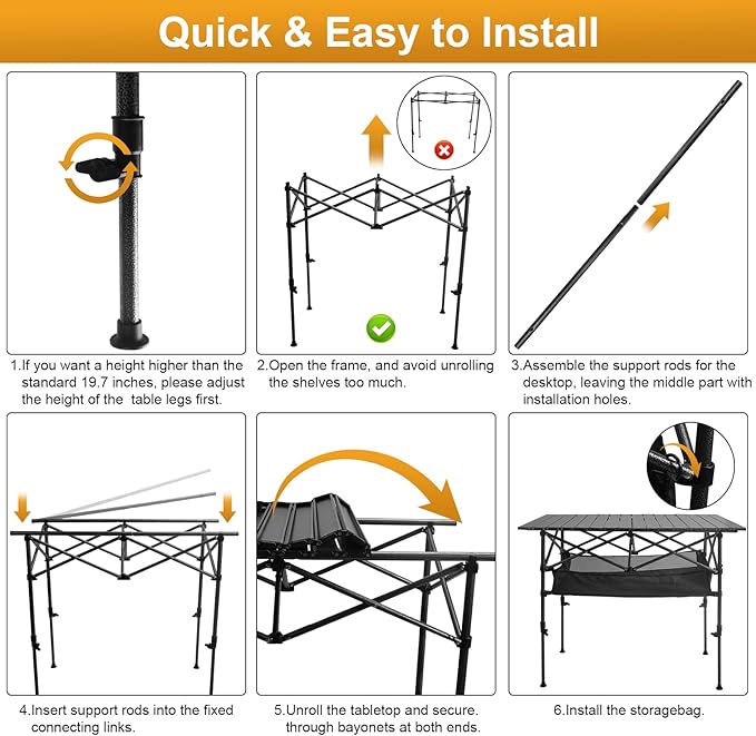 Folding Camping Table, Outdoor Roll-up Table Height Adjustable & Portable Metal Camp Grill Table for Picnic, BBQ, Party, Backyard, Beach, Mesh Storage and Carry Bag (Ash Black, 37.4'' Large)