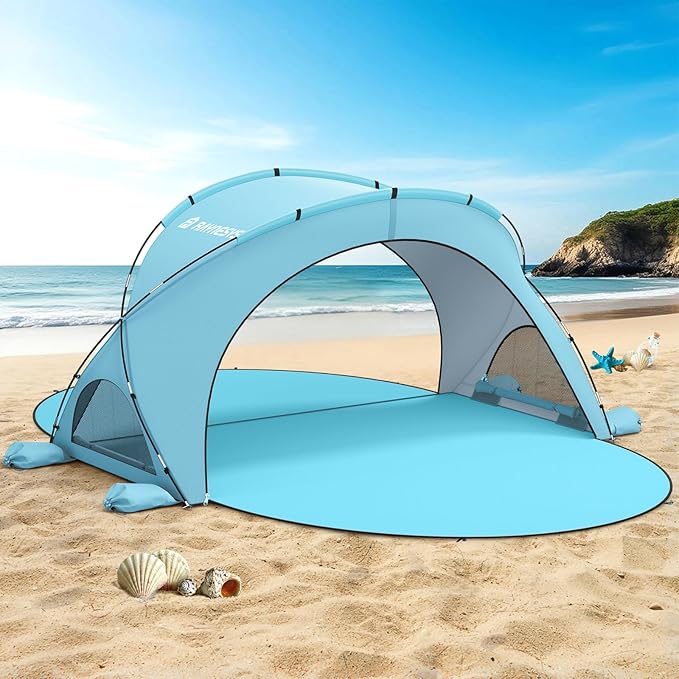 Beach Tent Sun Shelter, Beach Shade Tent with UPF50+ UV Protection, Sun Shelter for 1-6 Person, Beaches Shade with 2 Zippered Doors, Portable Tents for Camping Fishing, Light Blue
