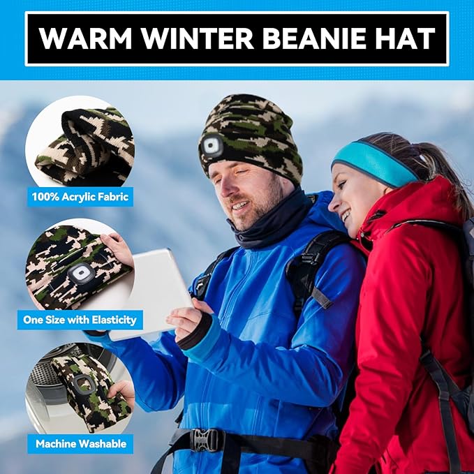 Valentines Day Gifts for Him, Beanie Hats with Light, USB Rechargeable LED Hand Free Headlamp, Birthday Gifts for Men, Women, and Teens, Ideal for Camping, Hiking, Camouflage