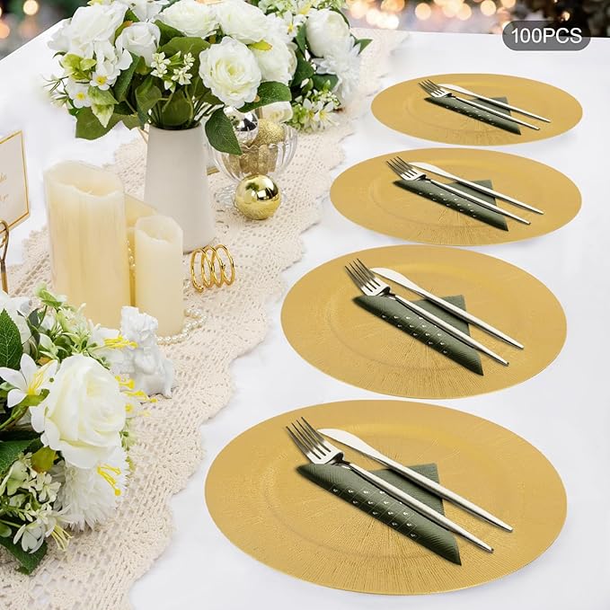 CNCEST 100 PCS Antique Charger Plates Bulk 13'' Plastic Embossed Dinner Plate Chargers Round Floral Plates for Wedding Decorative Chargers for Table Dinner Kitchen Party Decoration (Gold2,100PCS)