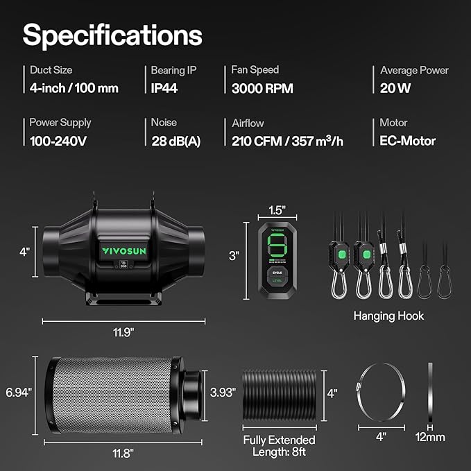 VIVOSUN Smart Air Filtration T4 Kit 4", AeroZesh T4 Inline Duct Fan with E12 Speed Controller, Carbon Filter & 8' Ducting, Cooling & Ventilation System for Grow Tents, Indoor Gardening, Hydroponics