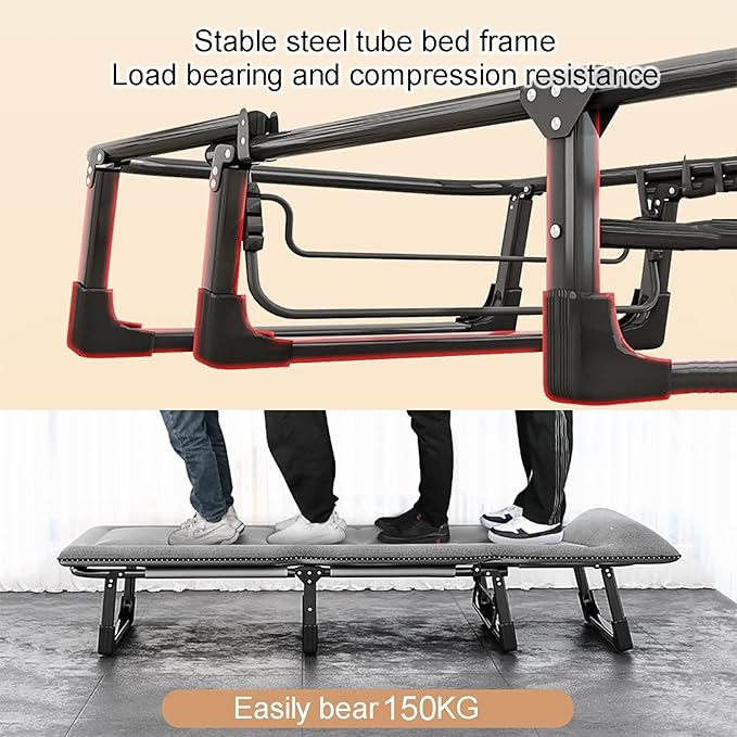 Folding Bed Foldable Bed, Camp Beds for Adults with Cushion and Pillow, Outdoor Portable Folding Lounge Chair Sleeping Cots Bed with 4 Gears Adjustable, Portable Sleeping Cot for Beach Travel(Black,19