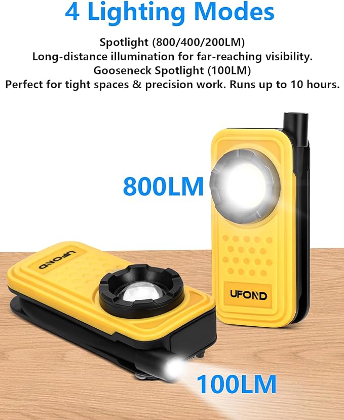 UFOND 800LM Rechargeable Flashlight,Lightweight Pocket Work Light Gooseneck Lamp,Dual Head Lamp Source 4 Mode Brightness,Magnetic Clip Aluminum Alloy Spotlight,for Repair Outdoor Camping Emergency