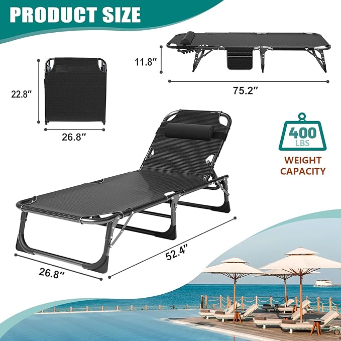 DoCred Folding Lounge Chair with Mattress, 5 Position Adjustable Folding Sleeping Bed Cot Chaise Lounge Chairs Perfect for Sunbathing, Camping, Pool, Beach, Patio