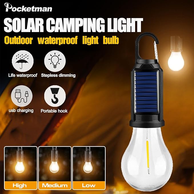 Solar Tent Camping Light Bulb Rechargeable Portable LED Camping Lantern3 Lighting Modes Tungsten Light Tent Lamp with Clip Hook for Camping, Hiking, Backpacking, Emergency Outage (T01)