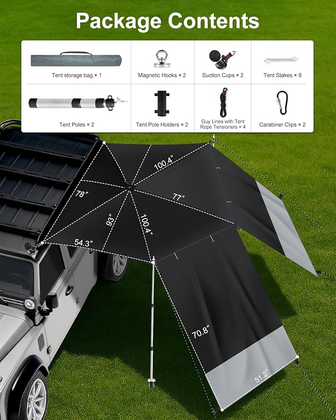 Portable Car Awning for SUV/Truck RV, Shade Waterproof Roof Rack Awning with Side Wall, Heavy Duty Magnets, Suction Cups & Reinforced Poles for Overland, Camping, Beach, Tailgating (Black)