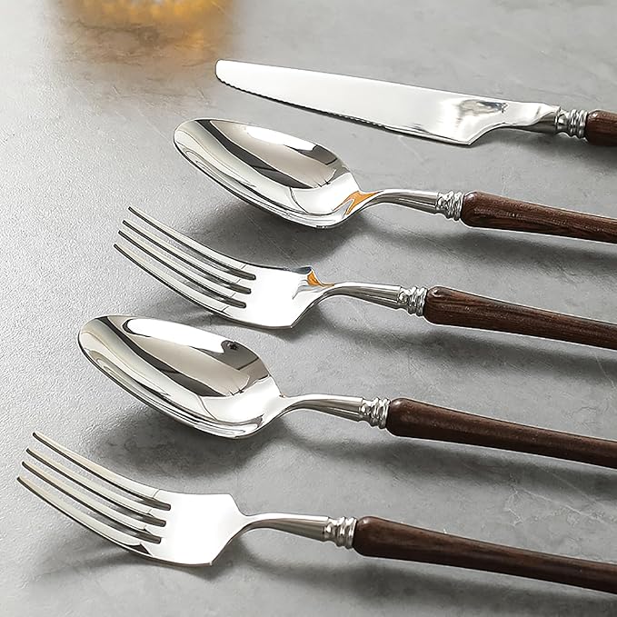 90pcs wooden silverware set, food-grade stainless steel flatware service for 18, tableware set include fork kinfe spoon with wooden handle, eating utensils cutlery set for home