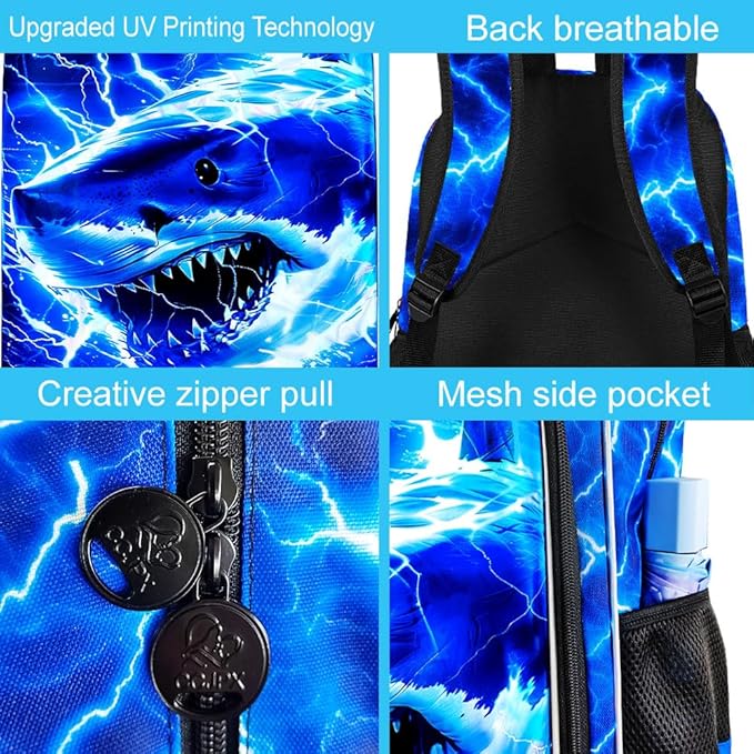 17" Shrak Backpack for Boy, 3Pcs Lightning Bookbag for Elementary Preschool Kindergarten, Kids School Thunder Backpacks with Lunch Box (Blue)