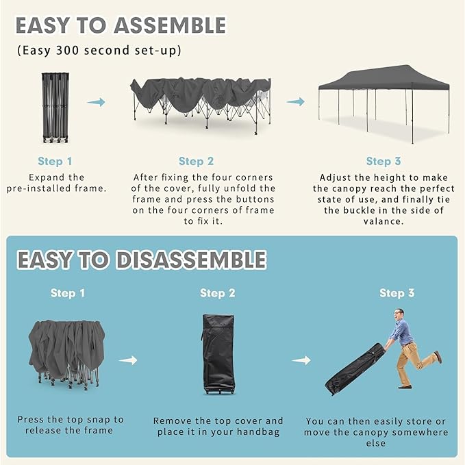 EROMMY 10x30 Pop Up Canopy Tent, Commercial Instant Canopy Heavy Duty with Roller Bag, 8 Sand Bags, 8 Wind Ropes & Ground Nails, Outdoor Canopies for Events, Parties and Camping, Gray