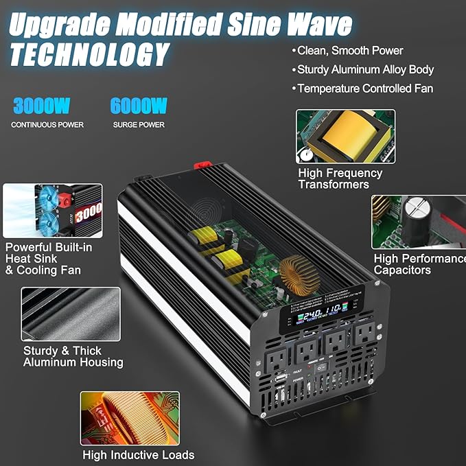 LVYUAN 3000 Watt Power Inverter 24V to 110V 120V DC to AC with 4 AC Outlets, LCD Display, USB Port & Remote Control for Home, RV, Vehicle, Truck, Off-Grid Solar System, Heavy Duty Outdoor Camping
