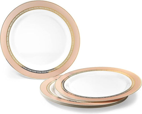 " OCCASIONS " 240 Plates Pack,(120 Guests) Heavyweight Premium Disposable Plastic Plates Set -120 x 10.5'' Dinner + 120 x 7.5'' Salad/Dessert (Ritz Blush and Gold)