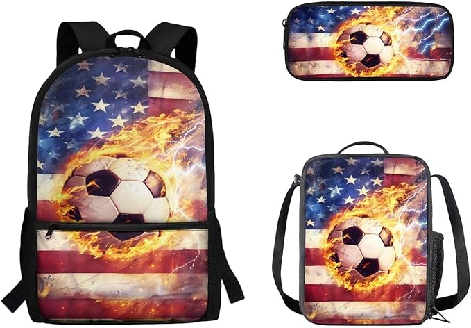 3 Set American Flag and Fire Football Print Backpack Set with Lunch Box and Large Capacity Pencil Case, Kids Book Bag Set for Boys, School Supplies Festival Gift
