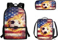 3 Set American Flag and Fire Football Print Backpack Set with Lunch Box and Large Capacity Pencil Case, Kids Book Bag Set for Boys, School Supplies Festival Gift