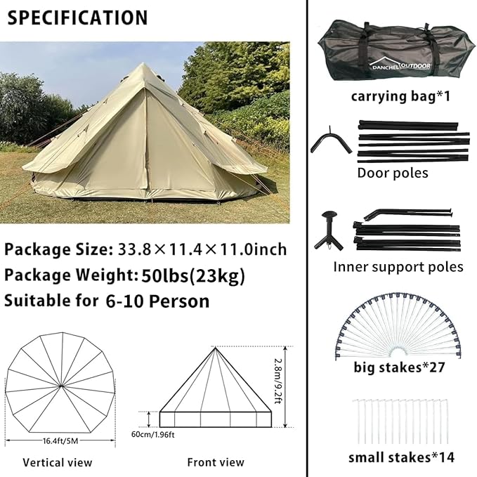 DANCHEL OUTDOOR B2A Portable Bell Tent No Center Pole, 4 Season Yurt with Stove Jack Spacious Interior for 4/8 Person Camping Hiking Glamping 300D Oxford Nylon,13ft/16.4ft Khaki