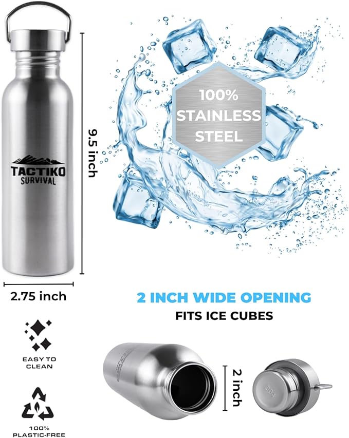 Tactiko Survival 25 oz/750 ml Stainless Steel Wide Mouth Water Bottle, Single Wall Boil-Safe, Leakproof, BPA-Free with Carry Sleeve and Strap for Camping, Hiking, Outdoor Prep (Tan)