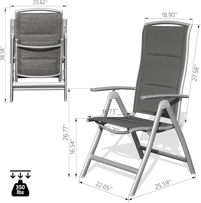 Domi Patio 2-Pack Folding Lounge Chairs - Adjustable Reclining Outdoor Chairs with Aluminum Frame & Padded Seat for Patio, Pool, Beach, Camping