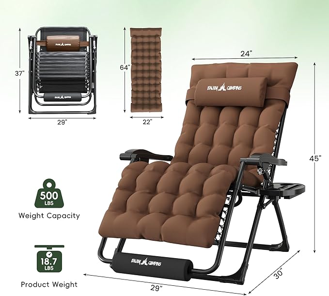Amopatio Oversized Padded Zero Gravity Chair, XL 29In Reclining Camping Lounge Chair w/Removable Cushion&Headrest, Upgraded Lock and Footrest, Folding Patio Recliner for Indoor Outdoor, Brown