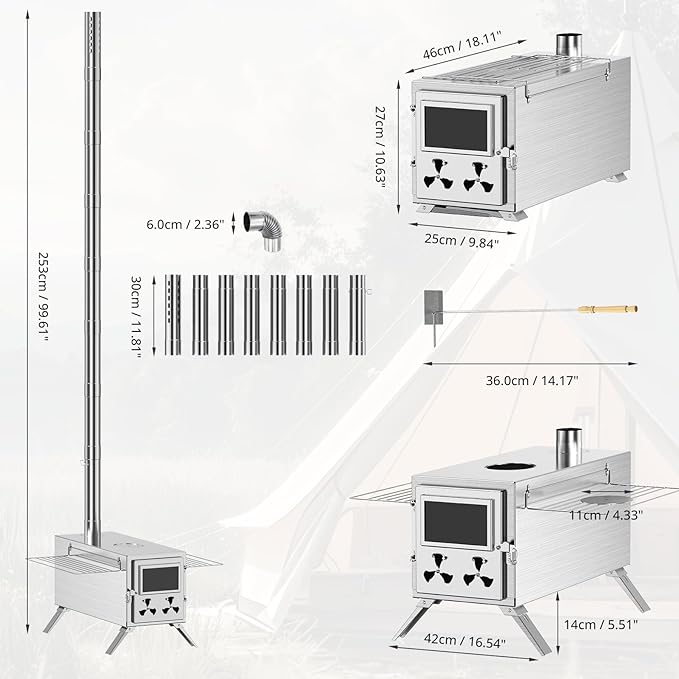 Upgraded Wood Stove, Hot Tent Stove Camping Portable Stainless Steel Wood Burning Stove with 7 Chimney Pipes for Wall Tent Camping, Hunting, Heating, Cooking, Ice Fishing, Boiling Water - Large