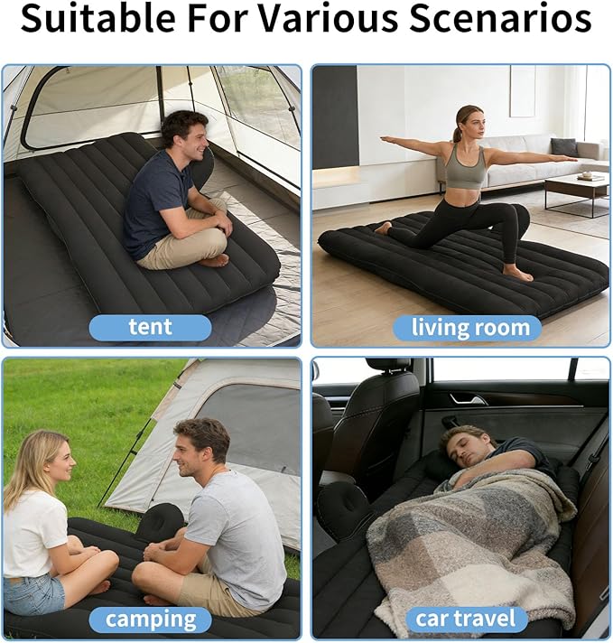 Car Air Mattress, Inflatable SUV Truck Camping Mattress for Back Seat, Thickened Travel Car Bed Sleeping Pad with Inflatable Pier Air Pump 2 Pillows (Black)