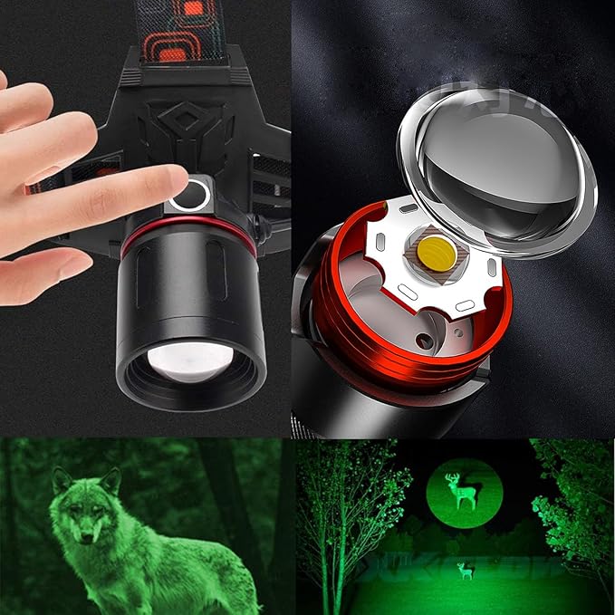 GRACETOP Green LED Headlamp Rechargeable, Greenlight Zoomable Green LED Flashlight, Hands-Free Headlight Torch Lamp for Hunting Hiking Camping Fishing Reading Running