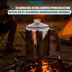 Coffee Percolator Pot Stainless Steel Coffee Maker with Tough Glass Knob & Fireproof Solid Wood Handle & Drip-Free Spout Camping Coffee Pot Using on any Stovetop NO Aluminum NO Plastic (8 Cup)