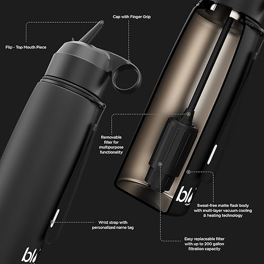 BLU ALL-IN-ONE | Vacuum Insulated Stainless Steel Water Bottle Flask With a pH Filter (26oz) | Made in the USA | Alkaline Water Filter Bottle | Removes 99.99% contaminants (pH - Blue)