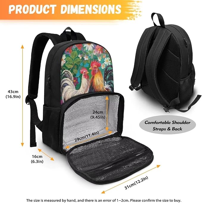 17 Inch Travel Laptop School Backpack for Women Men, Business Work Computer Backpacks Purse Hiking Dayback College Bag with Multi Pockets Large Kids Bookbag, Chicken Rooster Garden